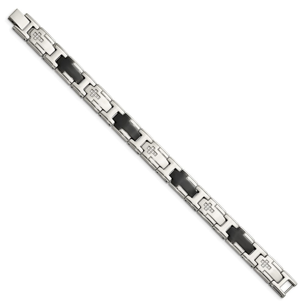 Stainless Steel Chisel Polished Black Ip-Plated With Cz 8.5 Inch Cross Link Bracelet
