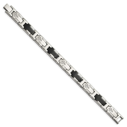 Stainless Steel Chisel Polished Black Ip-Plated With Cz 8.5 Inch Cross Link Bracelet