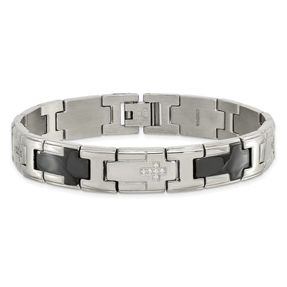 Stainless Steel Chisel Polished Black Ip-Plated With Cz 8.5 Inch Cross Link Bracelet