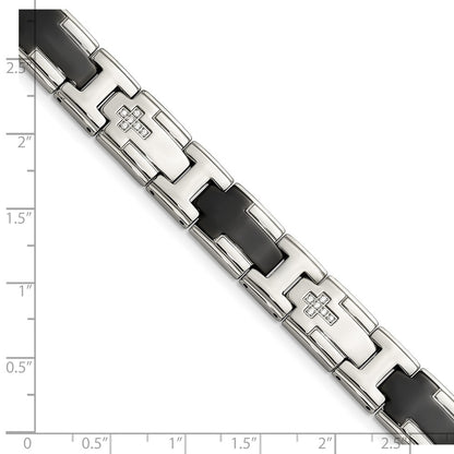 Stainless Steel Chisel Polished Black Ip-Plated With Cz 8.5 Inch Cross Link Bracelet