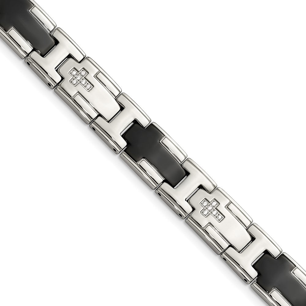 Stainless Steel Chisel Polished Black Ip-Plated With Cz 8.5 Inch Cross Link Bracelet