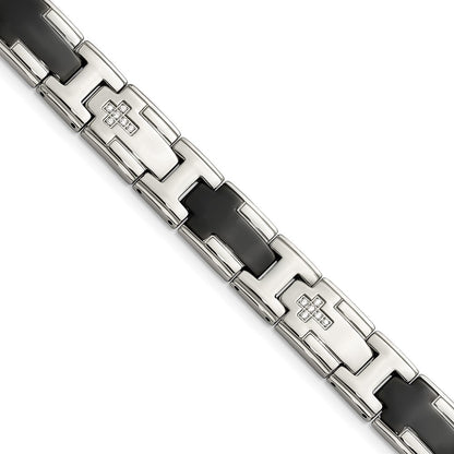 Stainless Steel Chisel Polished Black Ip-Plated With Cz 8.5 Inch Cross Link Bracelet