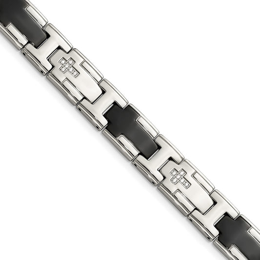 Stainless Steel Chisel Polished Black Ip-Plated With Cz 8.5 Inch Cross Link Bracelet