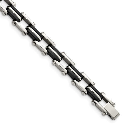 Stainless Steel Chisel Polished With Black Rubber 8.75 Inch Link Bracelet