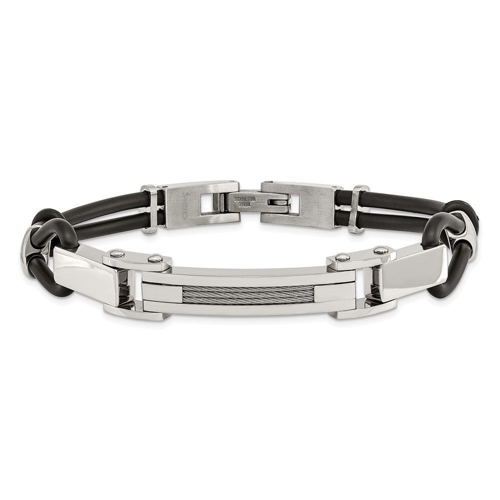 9 Inch Stainless Steel 9In Polished With Wire Inlay And Pu Cord Bracelet