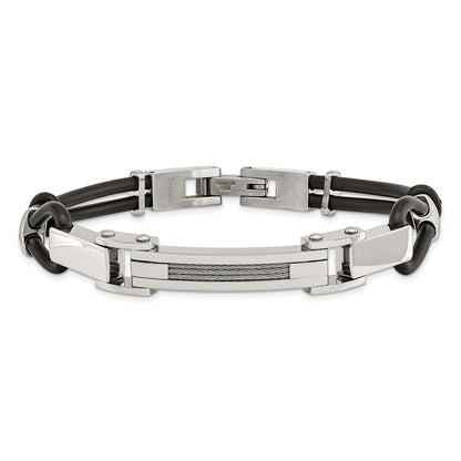 9 Inch Stainless Steel 9In Polished With Wire Inlay And Pu Cord Bracelet