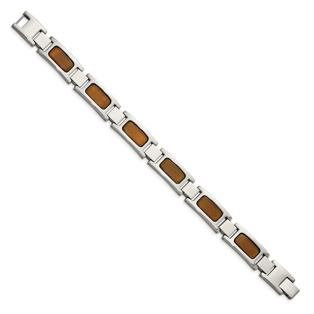 Stainless Steel Chisel Polished With Tiger'S Eye Inlay 8.5 Inch Link Bracelet