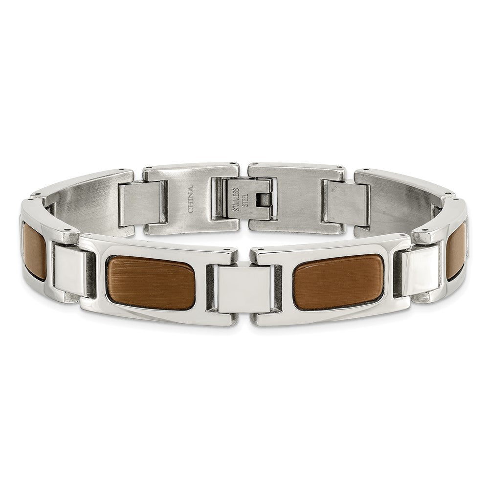 Stainless Steel Chisel Polished With Tiger'S Eye Inlay 8.5 Inch Link Bracelet