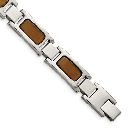 Stainless Steel Chisel Polished With Tiger'S Eye Inlay 8.5 Inch Link Bracelet