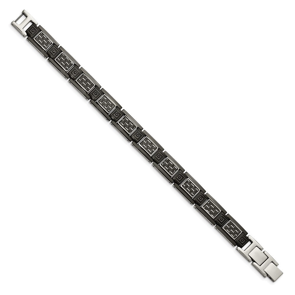 Stainless Steel Chisel Polished Black Ip-Plated With Carbon Fiber Inlay And Cz 8.75 Inch Link Bracelet