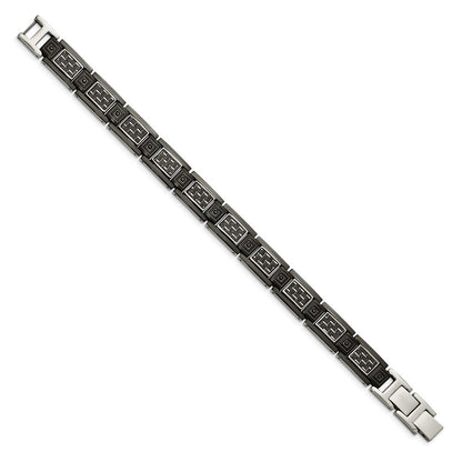 Stainless Steel Chisel Polished Black Ip-Plated With Carbon Fiber Inlay And Cz 8.75 Inch Link Bracelet