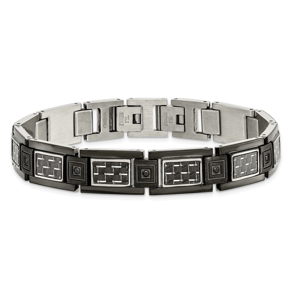 Stainless Steel Chisel Polished Black Ip-Plated With Carbon Fiber Inlay And Cz 8.75 Inch Link Bracelet