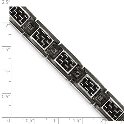 Stainless Steel Chisel Polished Black Ip-Plated With Carbon Fiber Inlay And Cz 8.75 Inch Link Bracelet