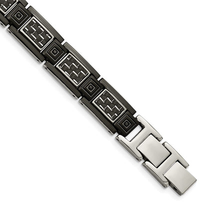 Stainless Steel Chisel Polished Black Ip-Plated With Carbon Fiber Inlay And Cz 8.75 Inch Link Bracelet