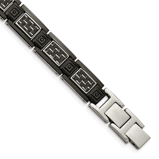 Stainless Steel Chisel Polished Black Ip-Plated With Carbon Fiber Inlay And Cz 8.75 Inch Link Bracelet