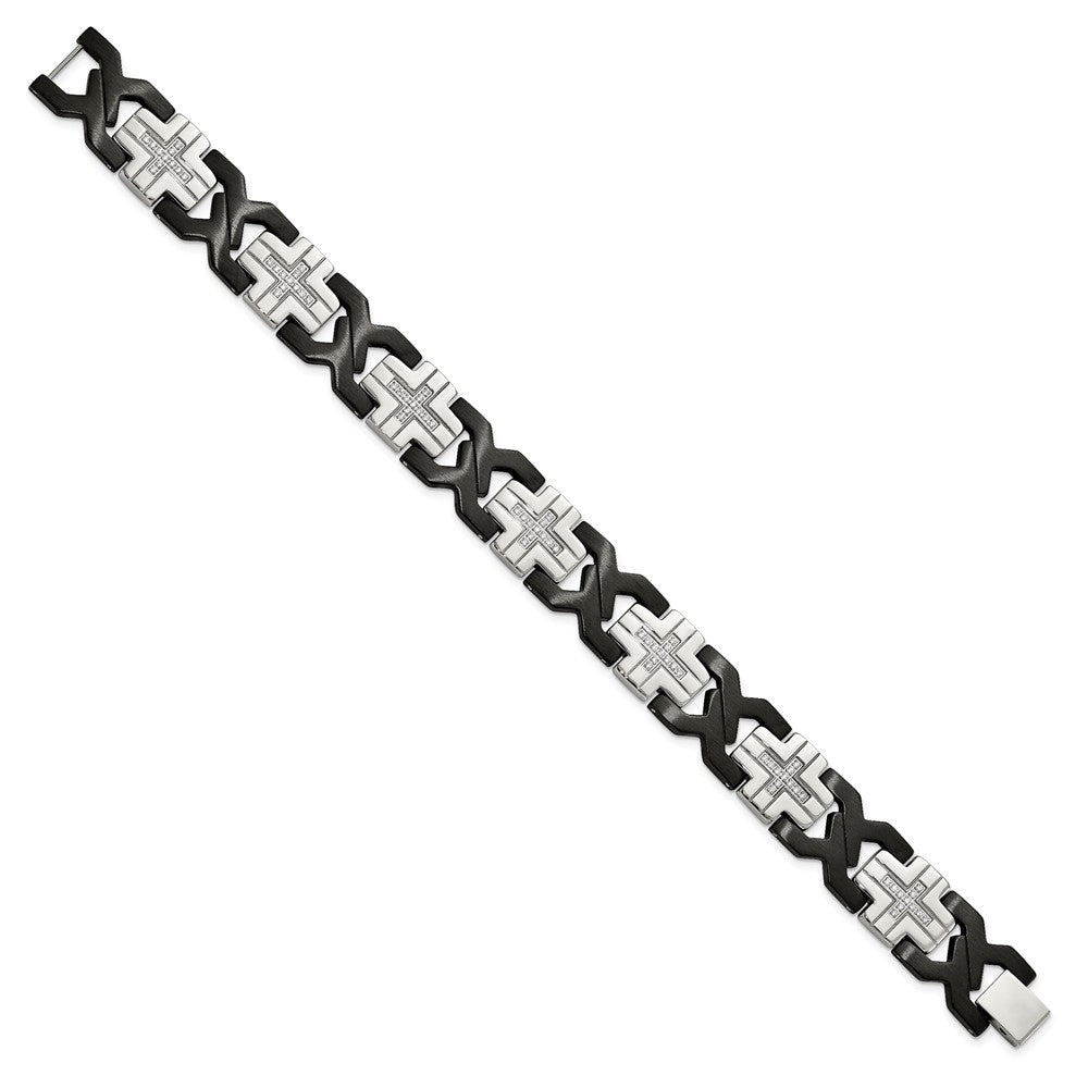 Stainless Steel Chisel Brushed And Polished Black Ip-Plated With Cz 8.25 Inch Cross Link Bracelet