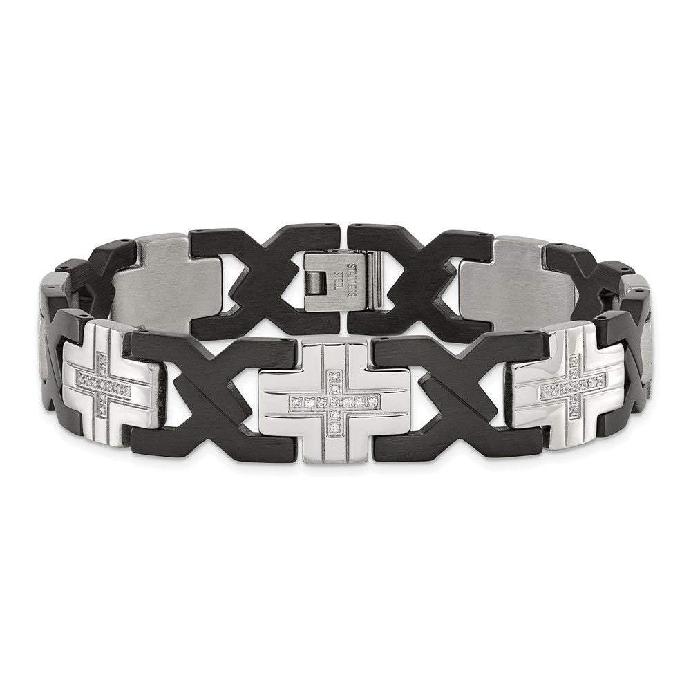 Stainless Steel Chisel Brushed And Polished Black Ip-Plated With Cz 8.25 Inch Cross Link Bracelet