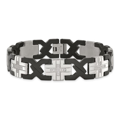 Stainless Steel Chisel Brushed And Polished Black Ip-Plated With Cz 8.25 Inch Cross Link Bracelet
