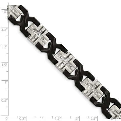 Stainless Steel Chisel Brushed And Polished Black Ip-Plated With Cz 8.25 Inch Cross Link Bracelet