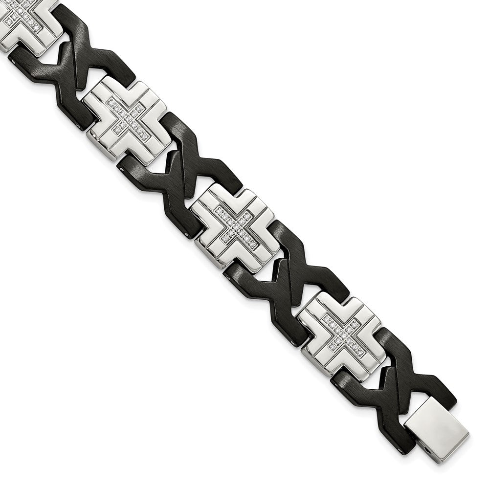 Stainless Steel Chisel Brushed And Polished Black Ip-Plated With Cz 8.25 Inch Cross Link Bracelet