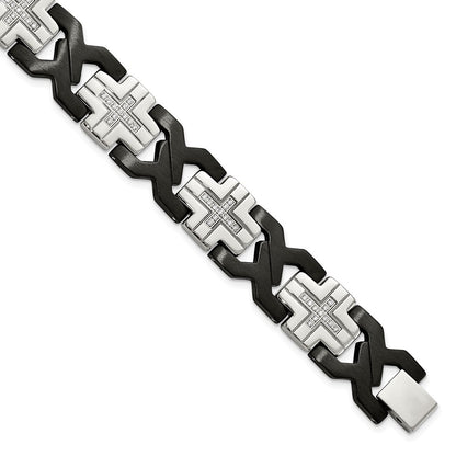 Stainless Steel Chisel Brushed And Polished Black Ip-Plated With Cz 8.25 Inch Cross Link Bracelet