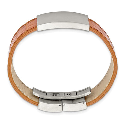 8 Inch Stainless Steel Satin Textured Light Brown Leather 8In Id Bracelet