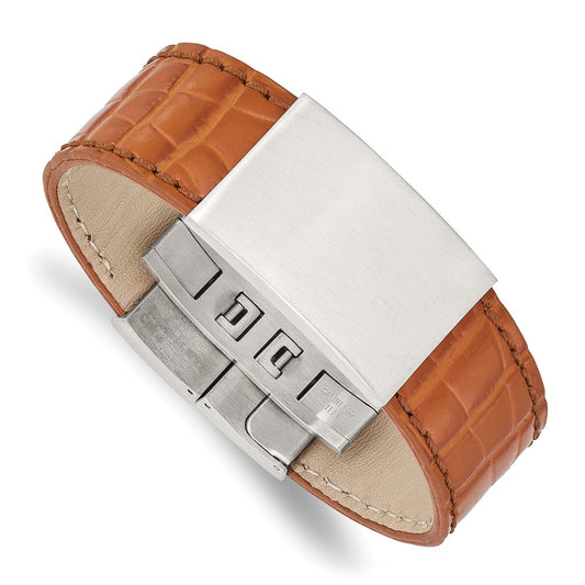 8 Inch Stainless Steel Satin Textured Light Brown Leather 8In Id Bracelet