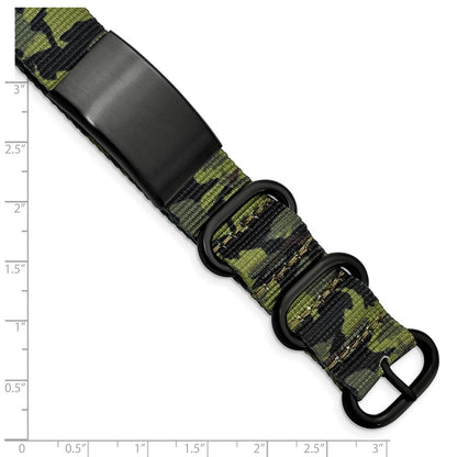 Stainless Steel Brushed Blk Ip Green Camo Fabric Adjustable Id Bracelet