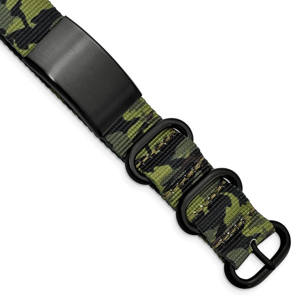 Stainless Steel Brushed Blk Ip Green Camo Fabric Adjustable Id Bracelet