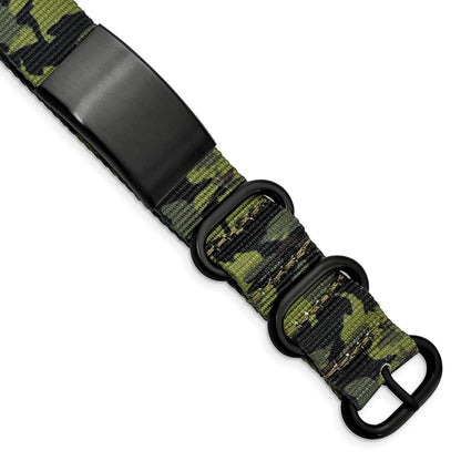 Stainless Steel Brushed Blk Ip Green Camo Fabric Adjustable Id Bracelet