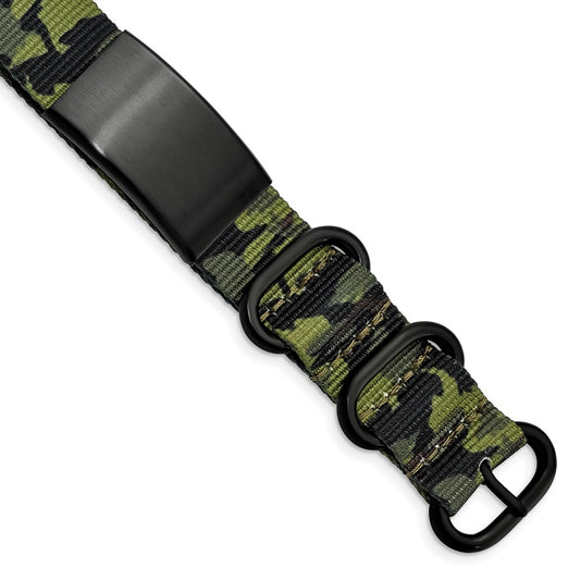 Stainless Steel Brushed Blk Ip Green Camo Fabric Adjustable Id Bracelet