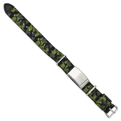 Stainless Steel Polished Green Camo Fabric Adjustable Id Bracelet