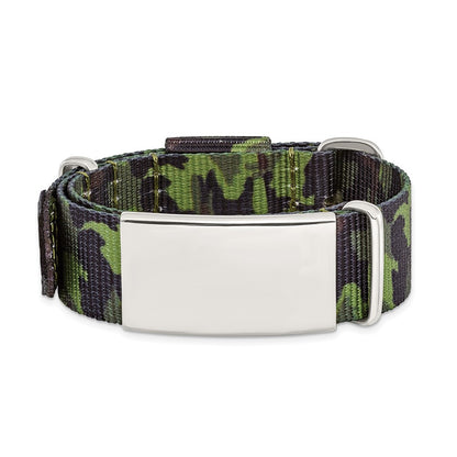 Stainless Steel Polished Green Camo Fabric Adjustable Id Bracelet