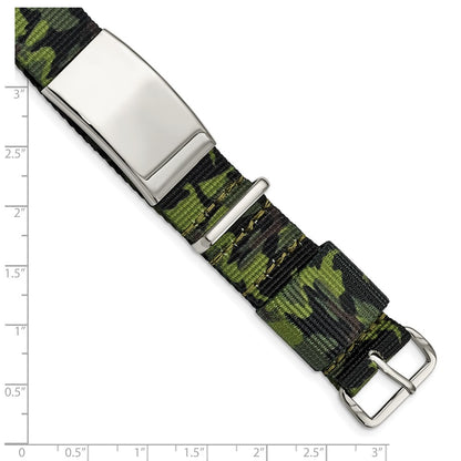 Stainless Steel Polished Green Camo Fabric Adjustable Id Bracelet