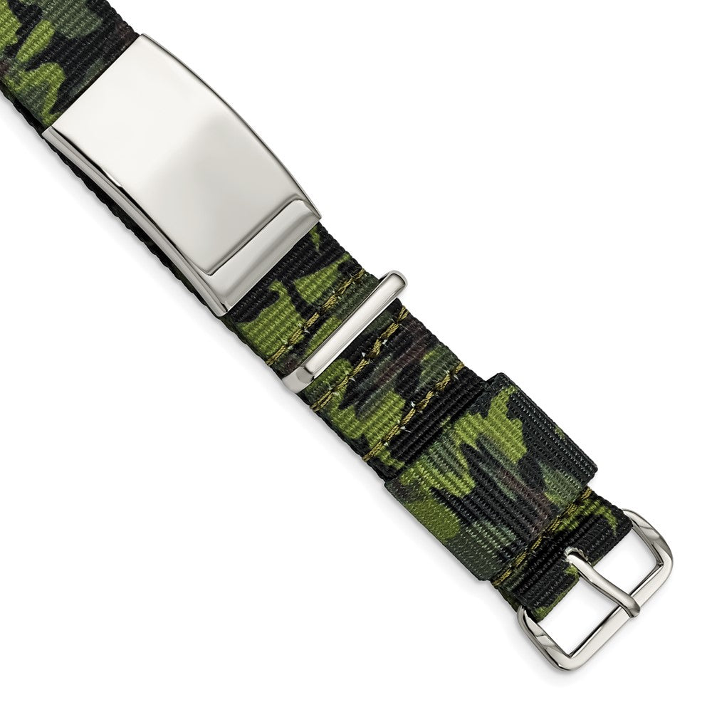 Stainless Steel Polished Green Camo Fabric Adjustable Id Bracelet