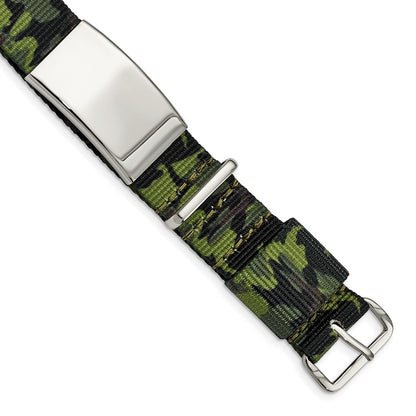Stainless Steel Polished Green Camo Fabric Adjustable Id Bracelet