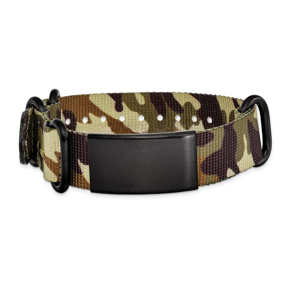 Stainless Steel Brushed Blk Ip Brown Camo Fabric Adjustable Id Bracelet