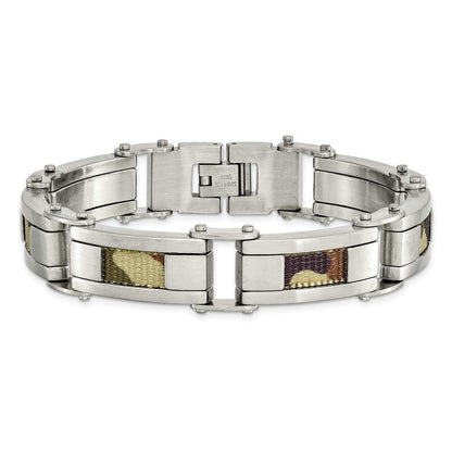 8.5 Inch Stainless Steel Brushed W/Brown Camo Fabric Inlay 8.5In Bracelet
