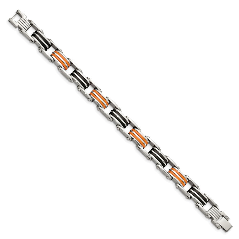 8.75 Inch Chisel Stainless Steel Polished With Black And Orange Rubber 8.5 Link Bracelet