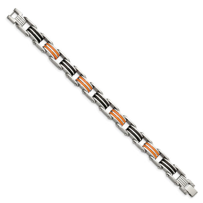 8.75 Inch Chisel Stainless Steel Polished With Black And Orange Rubber 8.5 Link Bracelet