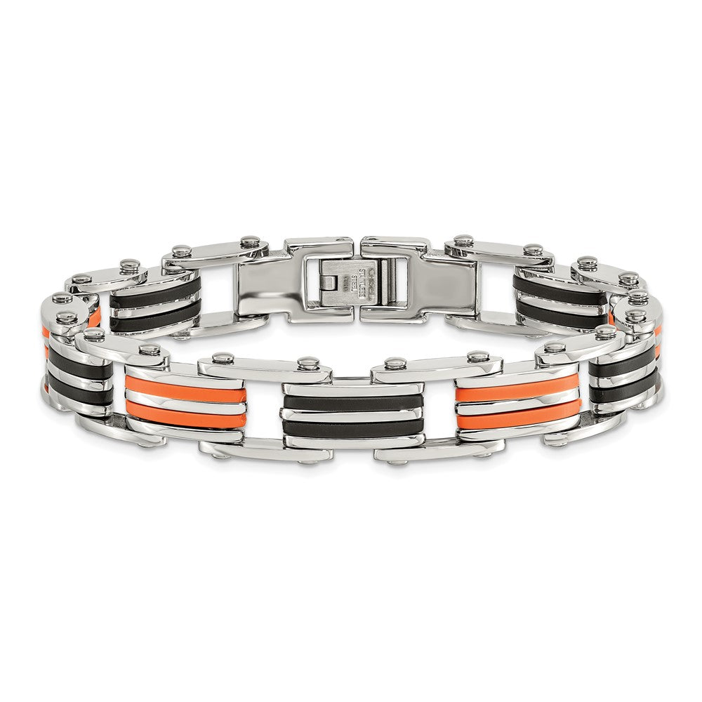 8.75 Inch Chisel Stainless Steel Polished With Black And Orange Rubber 8.5 Link Bracelet