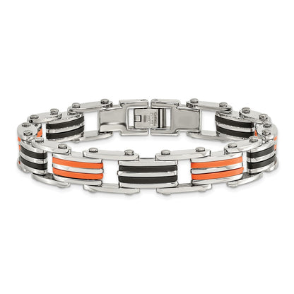 8.75 Inch Chisel Stainless Steel Polished With Black And Orange Rubber 8.5 Link Bracelet