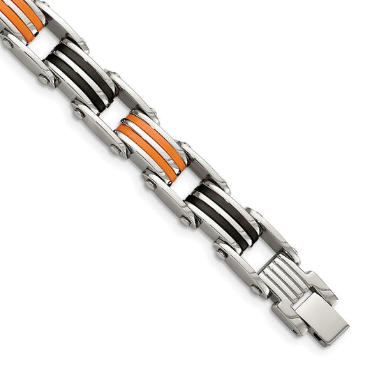 8.75 Inch Chisel Stainless Steel Polished With Black And Orange Rubber 8.5 Link Bracelet