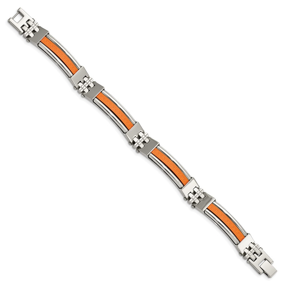 Stainless Steel Chisel Polished With Orange Greek Key Design Rubber Inlay 9 Inch Bracelet