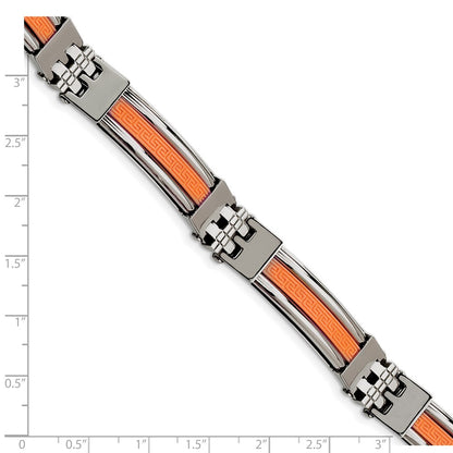 Stainless Steel Chisel Polished With Orange Greek Key Design Rubber Inlay 9 Inch Bracelet