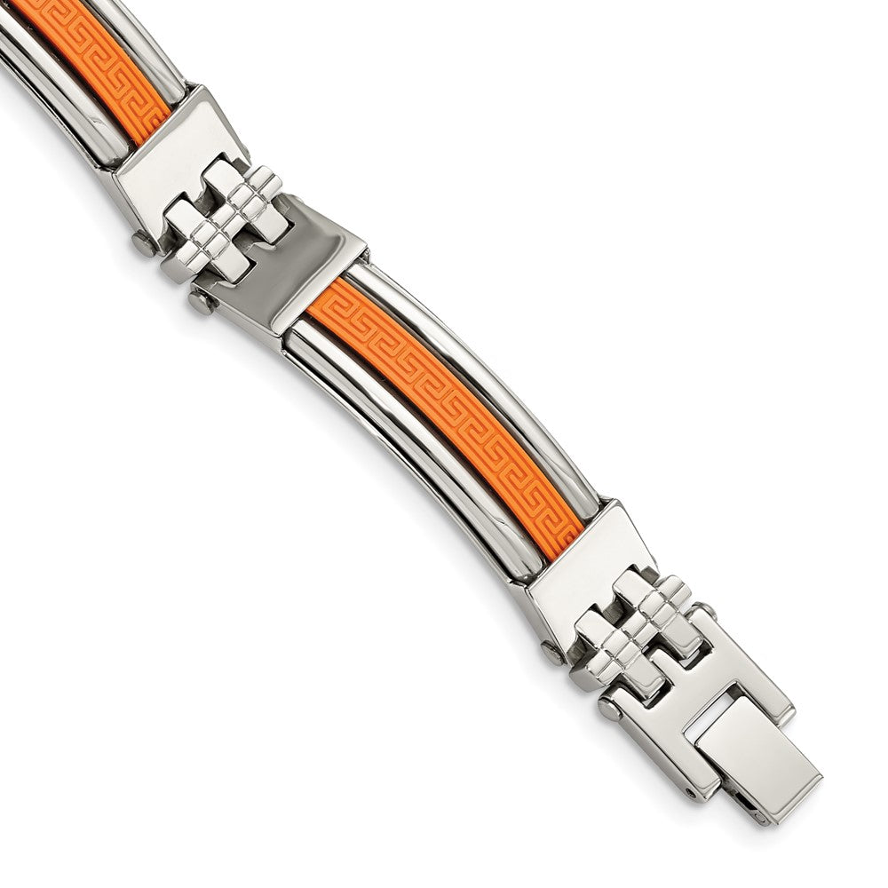 Stainless Steel Chisel Polished With Orange Greek Key Design Rubber Inlay 9 Inch Bracelet