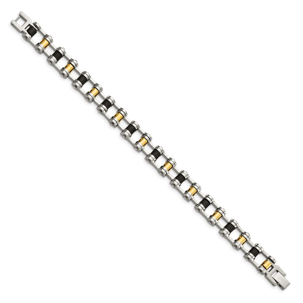 Stainless Steel Chisel Polished Yellow Ip-Plated With Black Rubber 8.75 Inch Bracelet