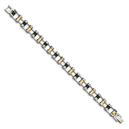 Stainless Steel Chisel Polished Yellow Ip-Plated With Black Rubber 8.75 Inch Bracelet