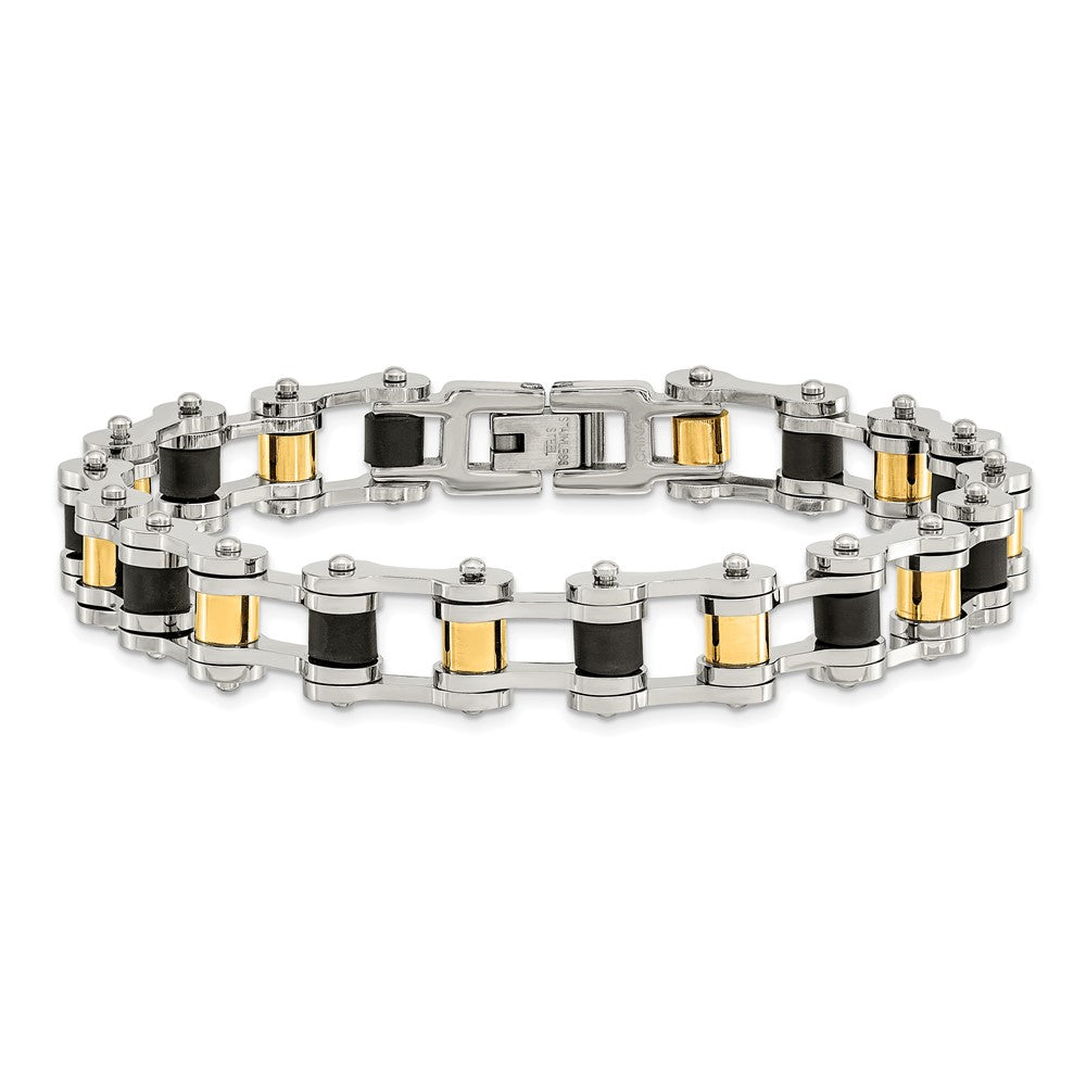 Stainless Steel Chisel Polished Yellow Ip-Plated With Black Rubber 8.75 Inch Bracelet