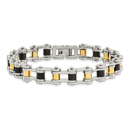 Stainless Steel Chisel Polished Yellow Ip-Plated With Black Rubber 8.75 Inch Bracelet